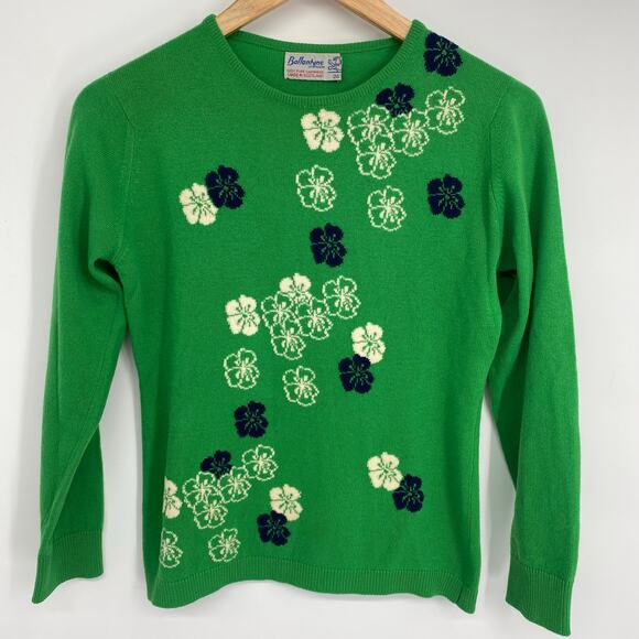 Vintage Ballatyne Sweater Women's Cashmere Thin Green Floral Made In Scotland - Picture 1 of 8
